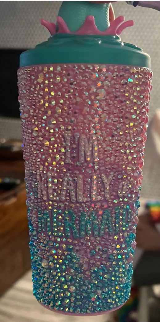 Tumbler in pink and teal rhinestones