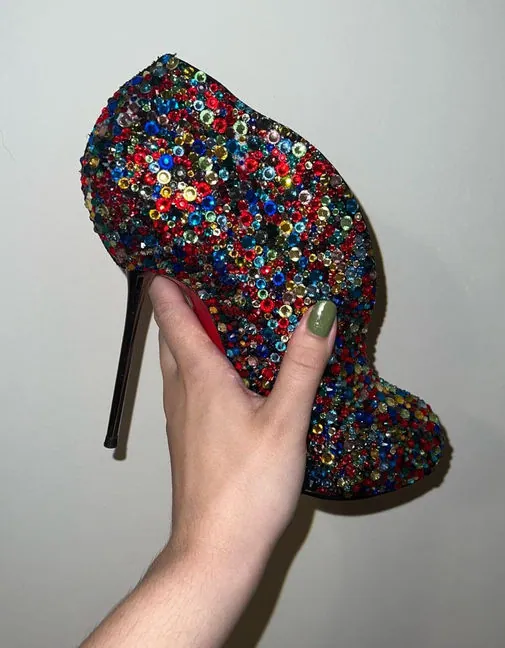 Platform heel completely covered in multicolor rhinestones