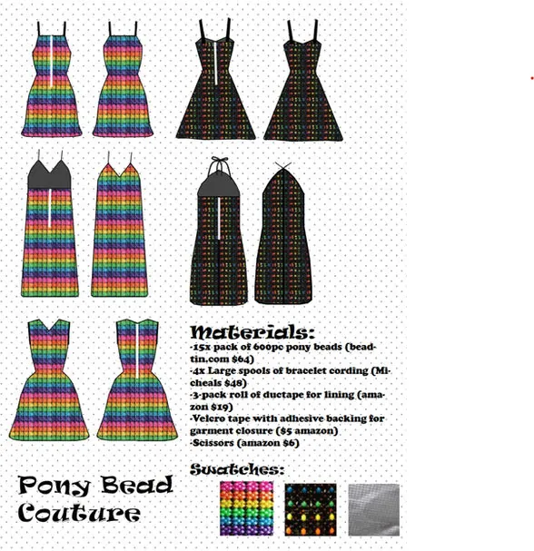 Rainbow beaded dresses with a materials list and swatches
