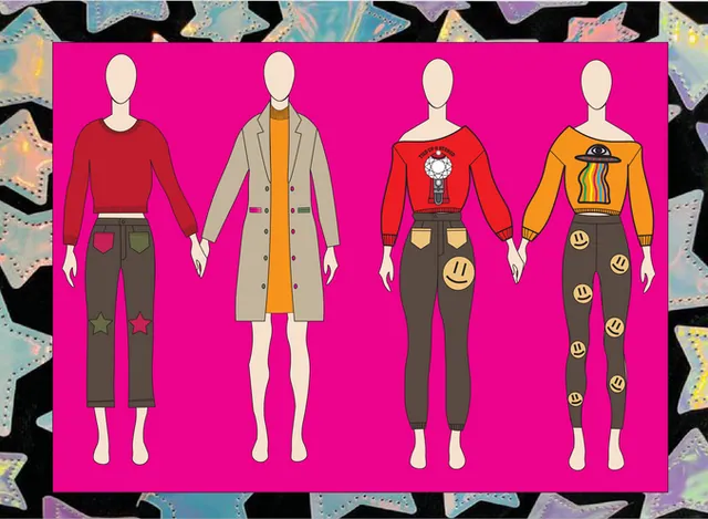 Line sheet of sweatshirts, tanks and leggings with smiley prints