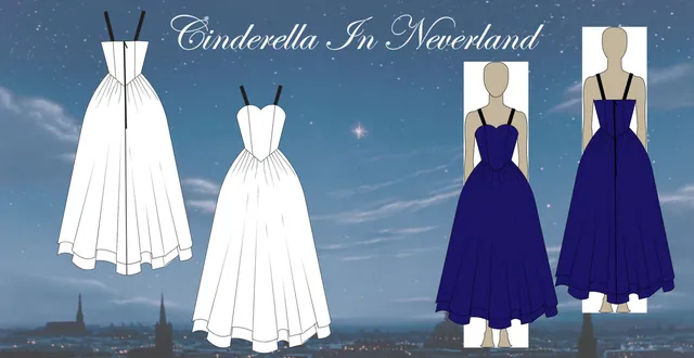 White ballgowns and navy gowns against a night sky