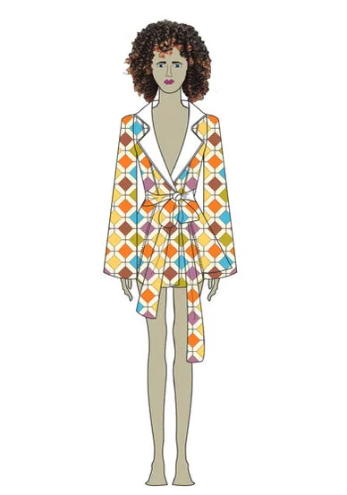 Illustration of a harlequin-print wrap coat