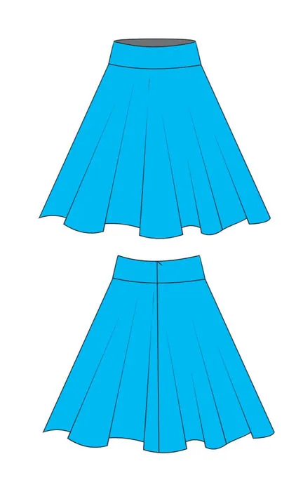 Flats of a cyan circle skirt, front and back