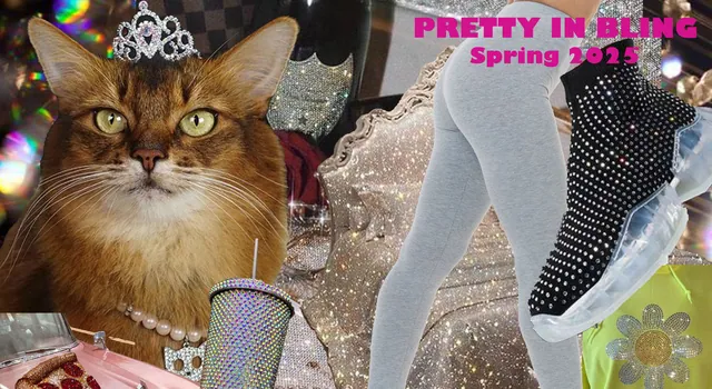 Pretty in Bling Spring 2022 board with a cat and crystal sneakers