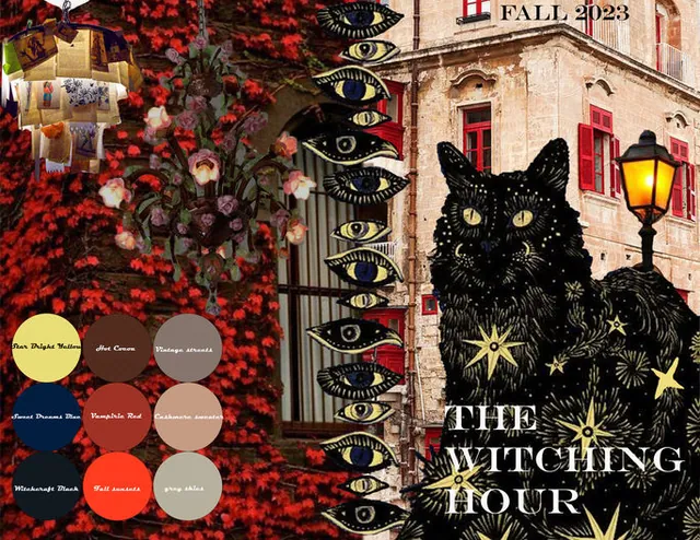 The Witching Hour Fall 2023 board with a black cat and red roses