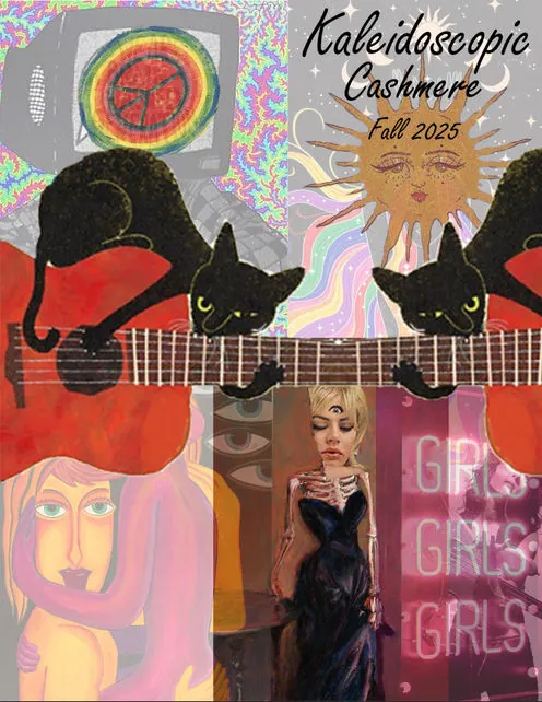 Kaleidoscopic Cashmere Fall 2025 board with black cats and a guitar