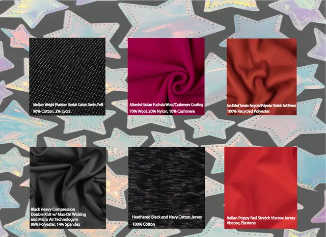 Fabric swatch board in black, magenta and red