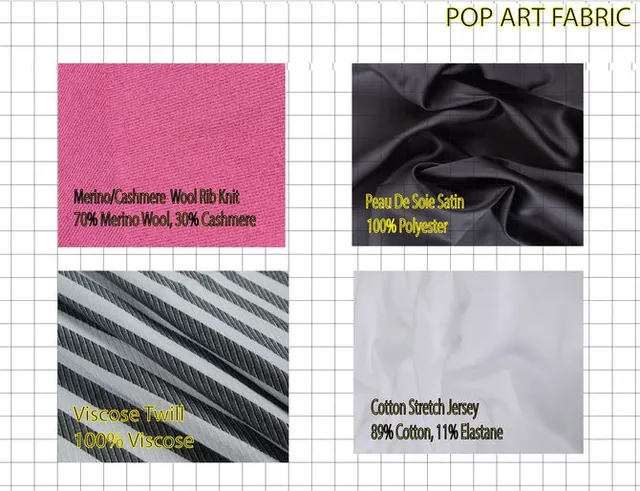 Pop Art fabric board with merino rib knit, peau de soie, viscose twill and cotton jersey