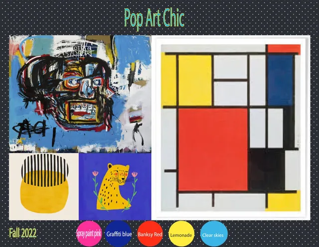 Pop Art Chic Fall 2022 board with Basquiat and Mondrian references
