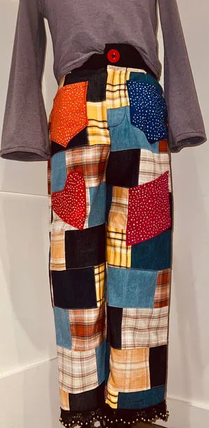 Patchwork pants on a dress form