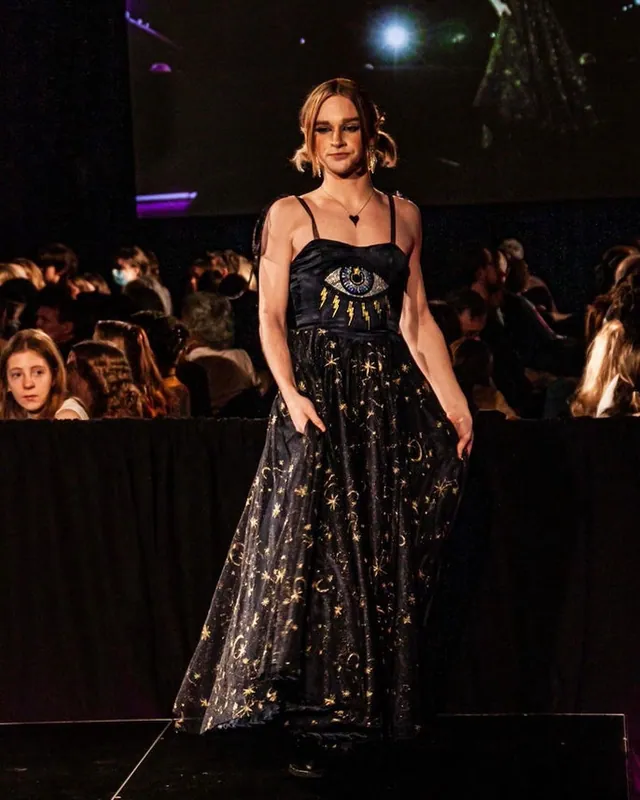 Black star-print tulle gown on the runway
