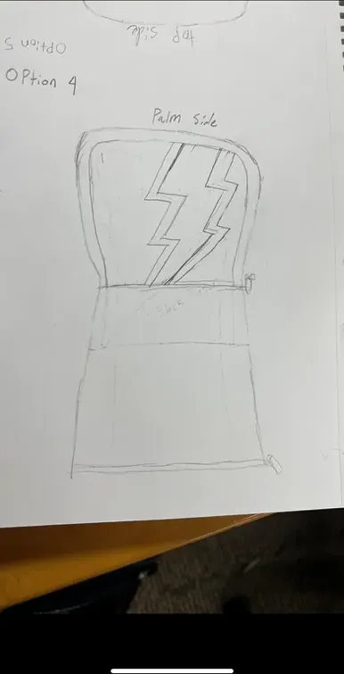 Pencil sketch of the glove concept with a lightning-bolt motif