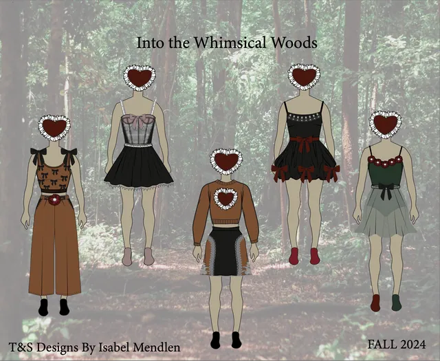 Illustrated lineup of six looks in a forest setting