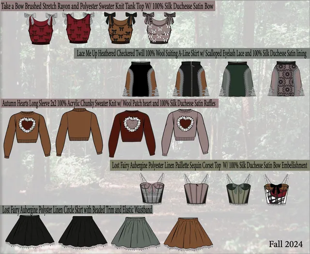 Line sheet of tops, sweaters, corsets and skirts